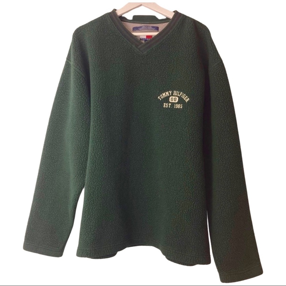 Vintage 90s Tommy Hilfiger Green Sherpa Pullover Sweatshirt V Neck Size XL